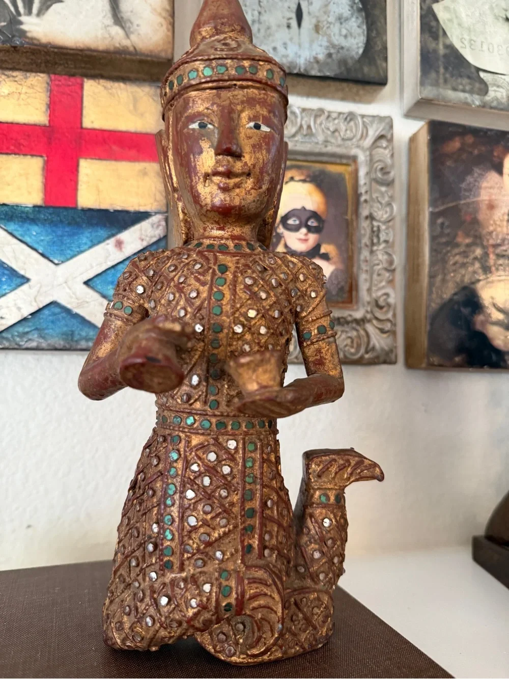 Vintage Southeast Asian Temple Guardian Statue Hand Painted‎ Gilt Wood Figure